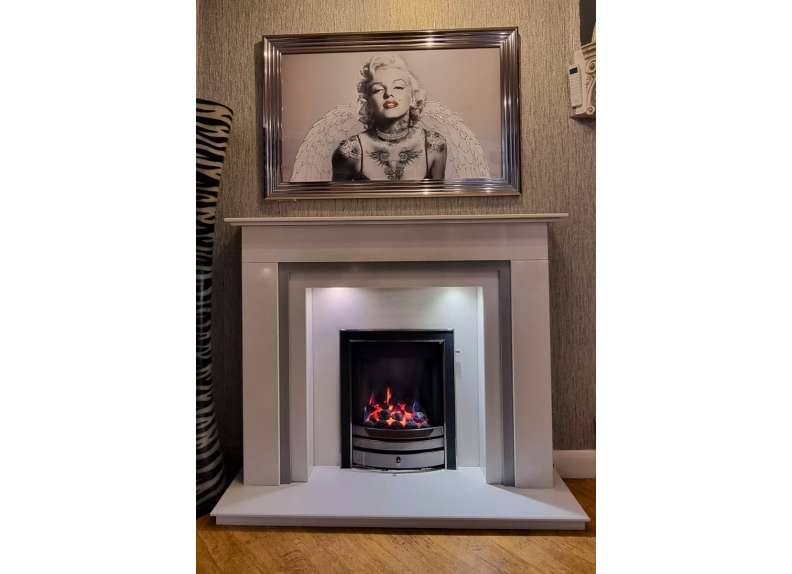 KORR WHITE / GREY MARBLE FIREPLACE WITH LED DOWNLIGHTS