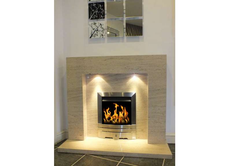 Estonia Polished Mocha Creme limestone fireplace & fire 