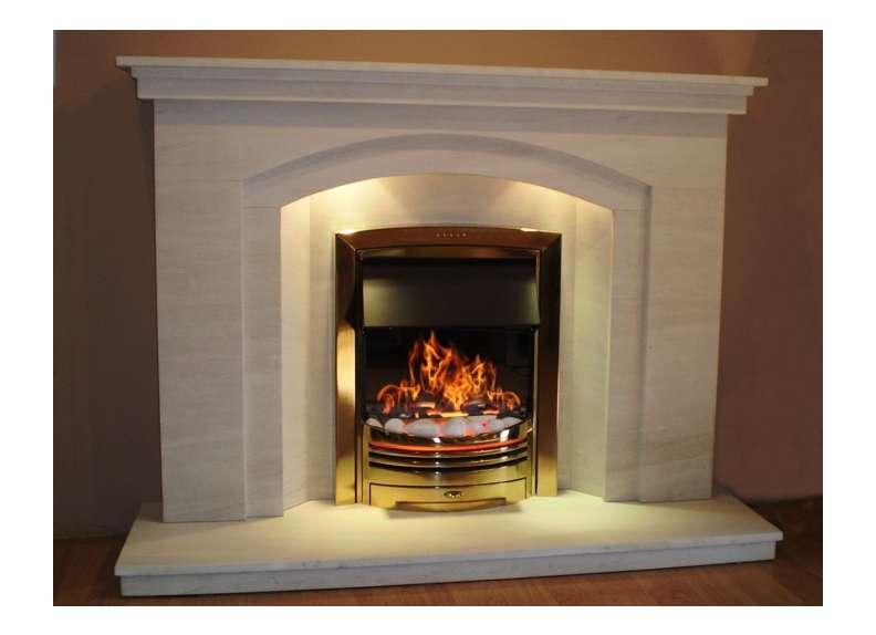Dovetail Arch Limestone fireplace with lights