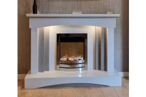 Plateau fireplace in white & light grey micro marble with LED lights