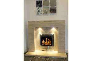 Estonia Polished Mocha Creme limestone fireplace & fire 