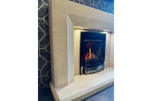 Optica Limestone fireplace with lights