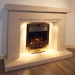 Salus limestone fireplace with lights