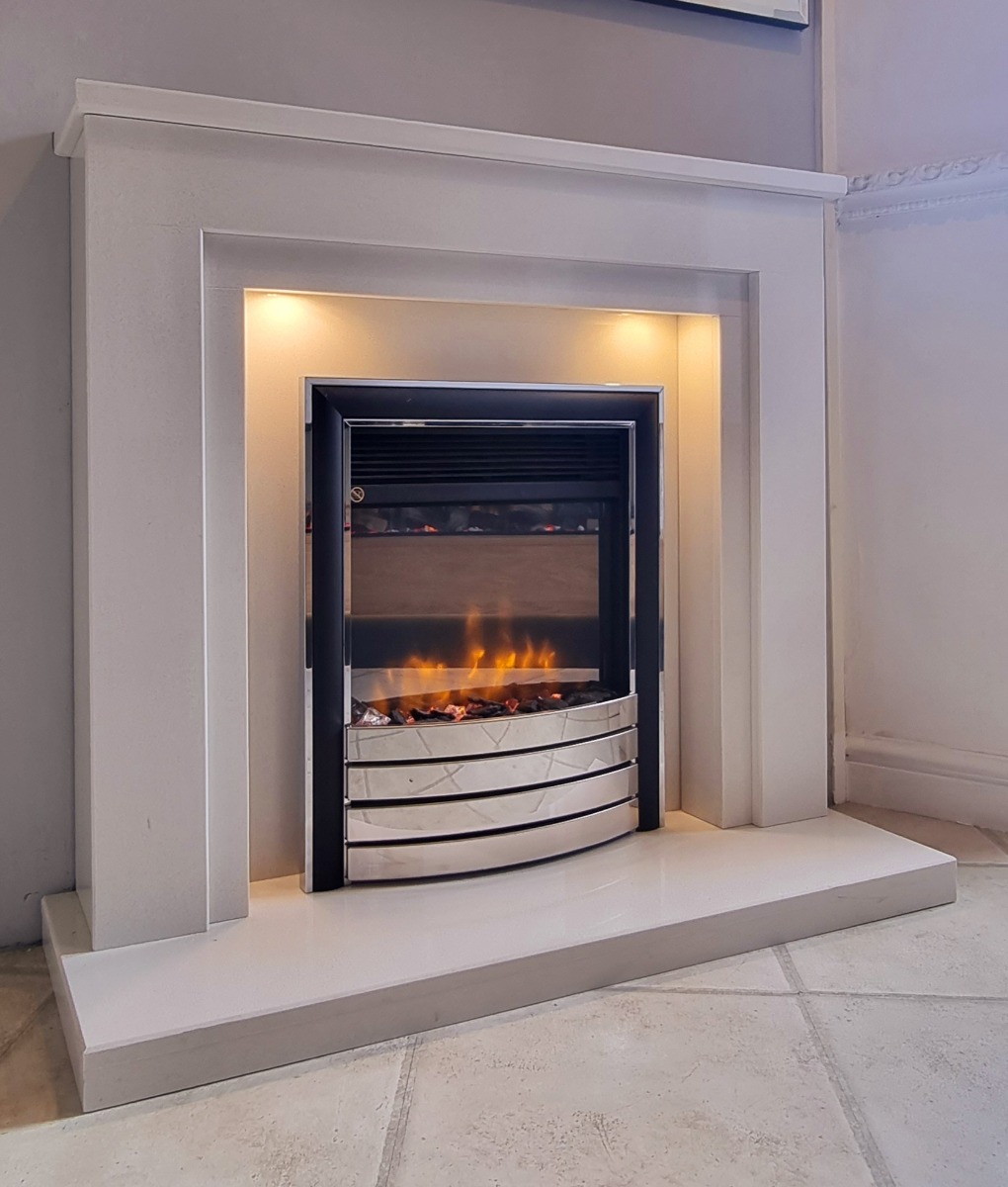 CORTONA WHITE MARBLE FIREPLACE WITH DOWNLIGHTS