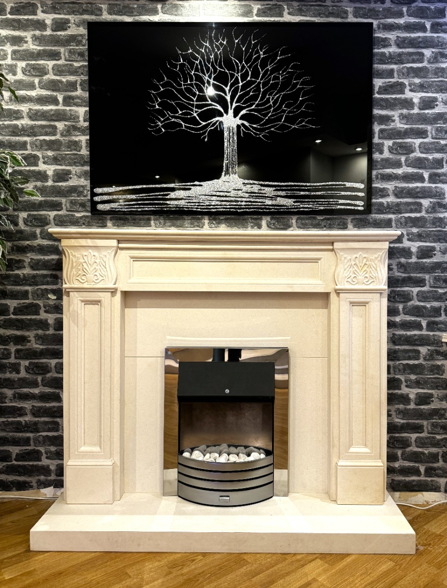 Acanthus white limestone fireplace