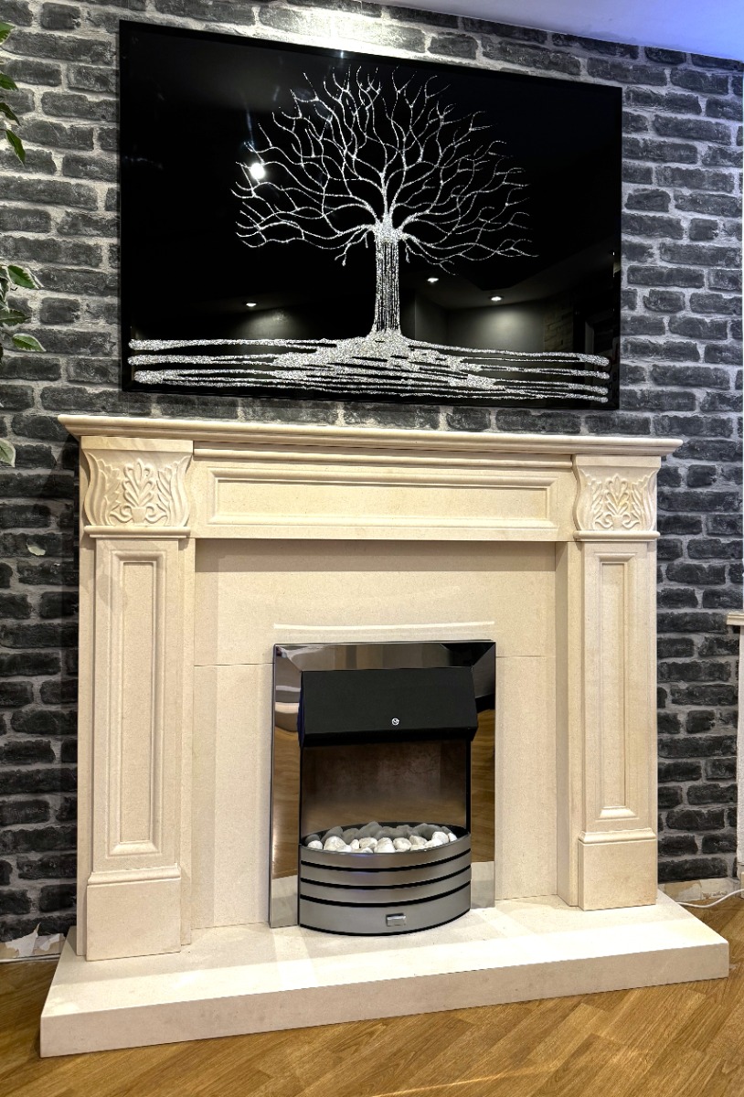 Acanthus white limestone fireplace