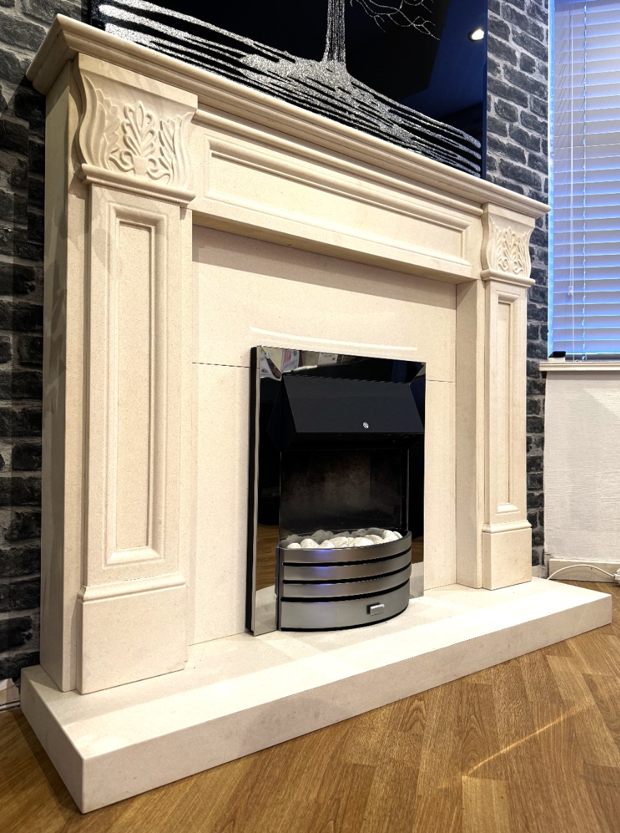 Acanthus white limestone fireplace