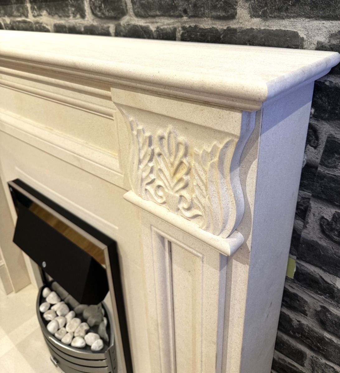 Acanthus white limestone fireplace