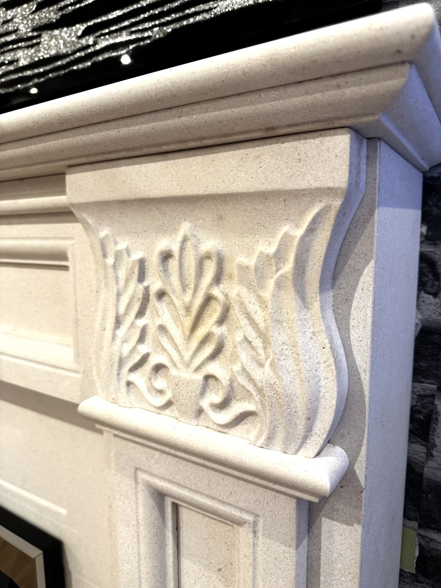 Acanthus white limestone fireplace