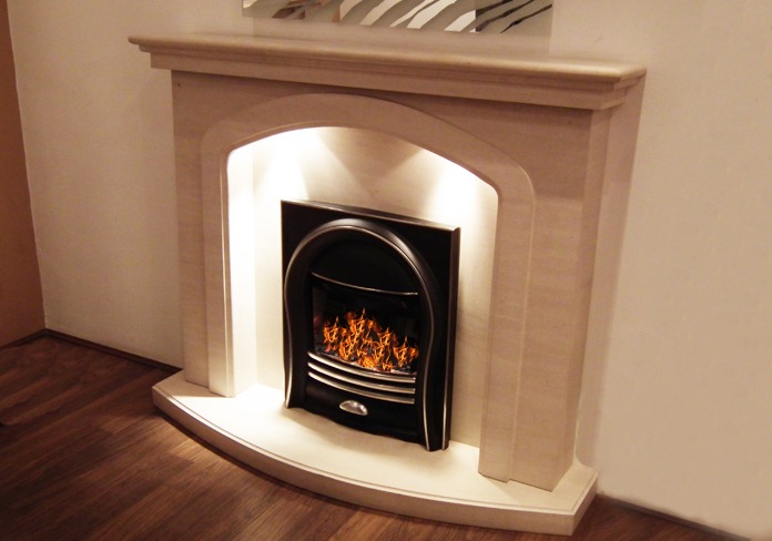 Mirage limestone fireplace with lights
