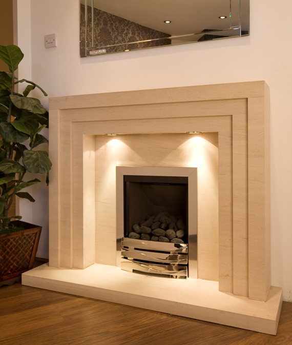 3 Step limestone  fireplace with lights