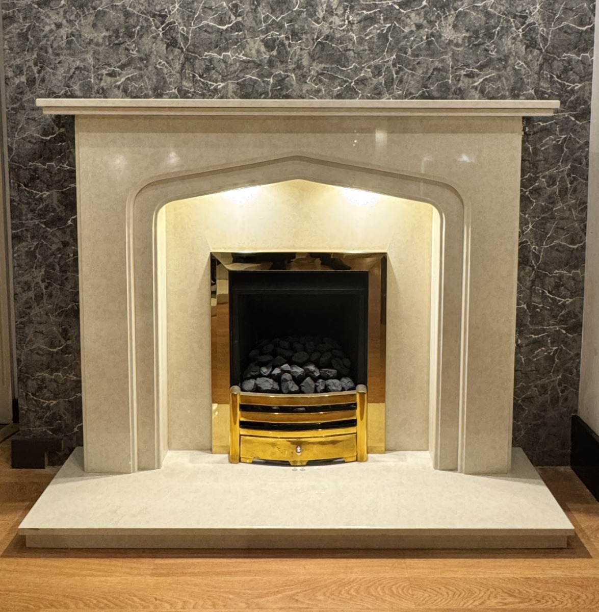MERIDEN MARBLE FIREPLACE WITH LED DOWNLIGHTS