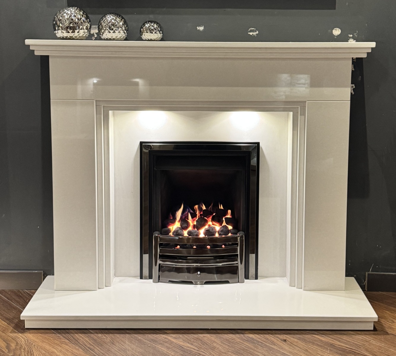 MONTROSE MARBLE FIREPLACE WITH LED DOWNLIGHTS