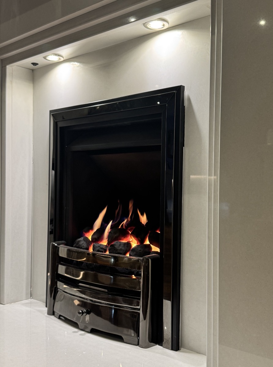 MONTROSE MARBLE FIREPLACE WITH LED DOWNLIGHTS