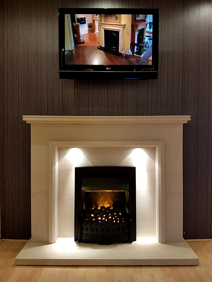 Kibble limestone fireplace with lights