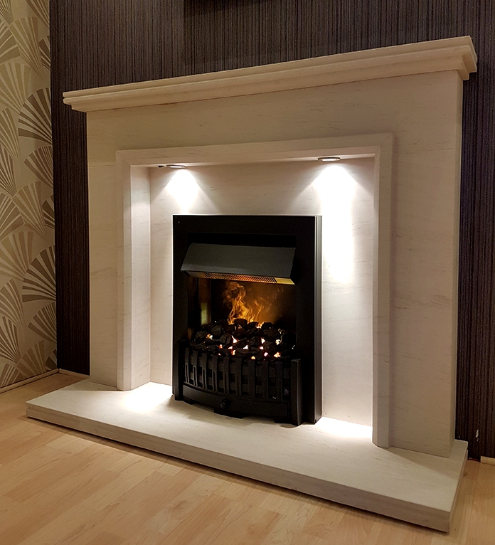 Kibble limestone fireplace with lights