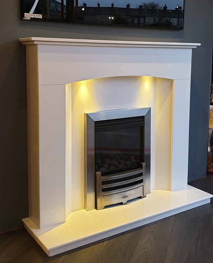 Oregon Marble fireplace with downlights