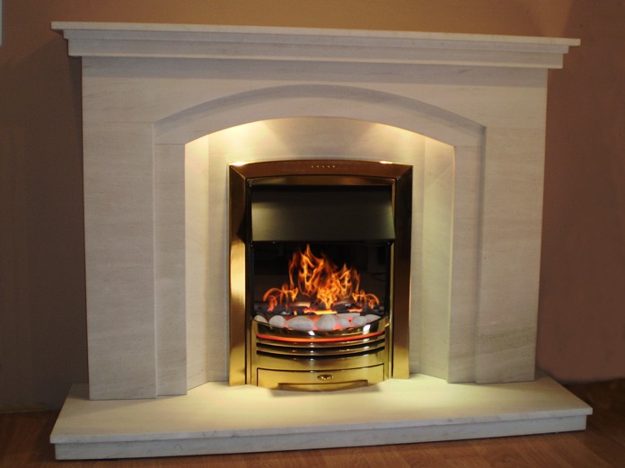 Dovetail Arch Limestone fireplace with lights