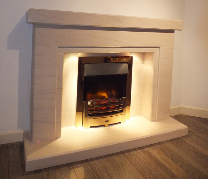 Salus limestone fireplace with lights