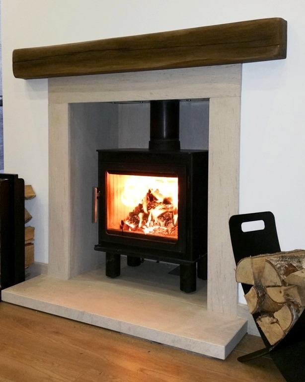 The Wren fireplace with wood look beam & chamber